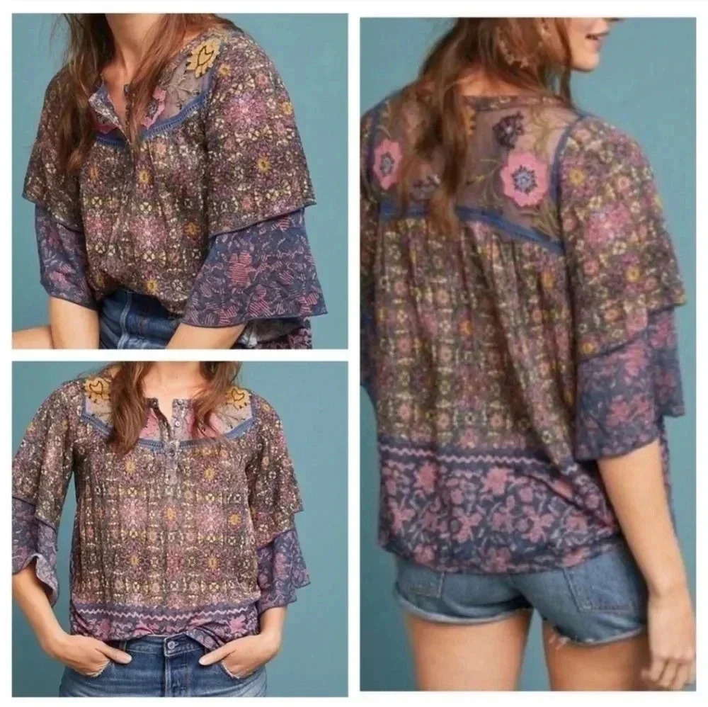 Anthropologie Postmark Ciutadella Boho Tiered Bell Sleeve Embroidered Blouse(XS)